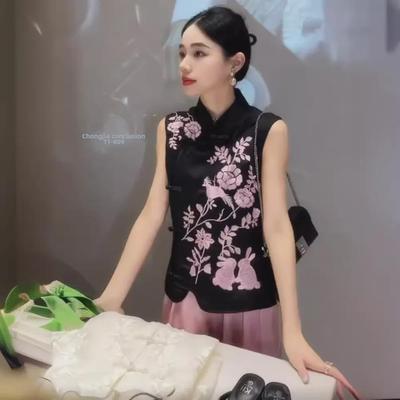 Damen Sommer Chinesische Stickerei Ärmellose Weste: Locker, Stehkragen, Slim Fit