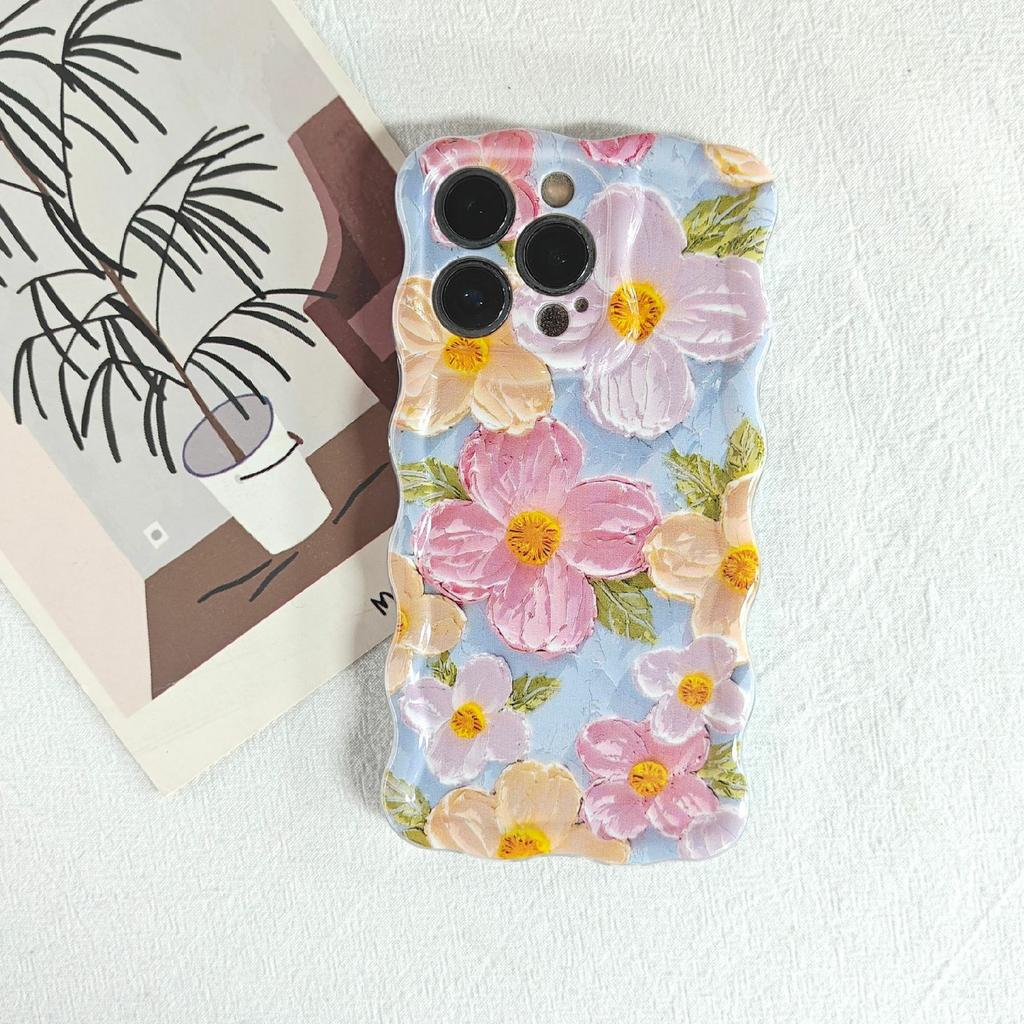 For iPhone 13 Pro Max Case Oil Painting Flower Pattern TPU Phone Cover with Curly Wave Frame