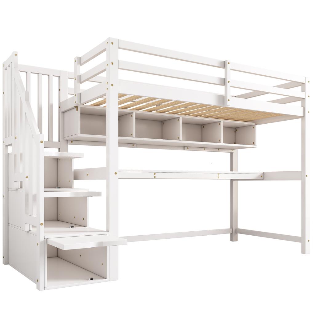 Children's Loft Bed with Storage Staircase 90*200cm, Solid Wood+MDF, Bunk Bed with Large Desk and Shelves, Environmentally Friendly Colors, White