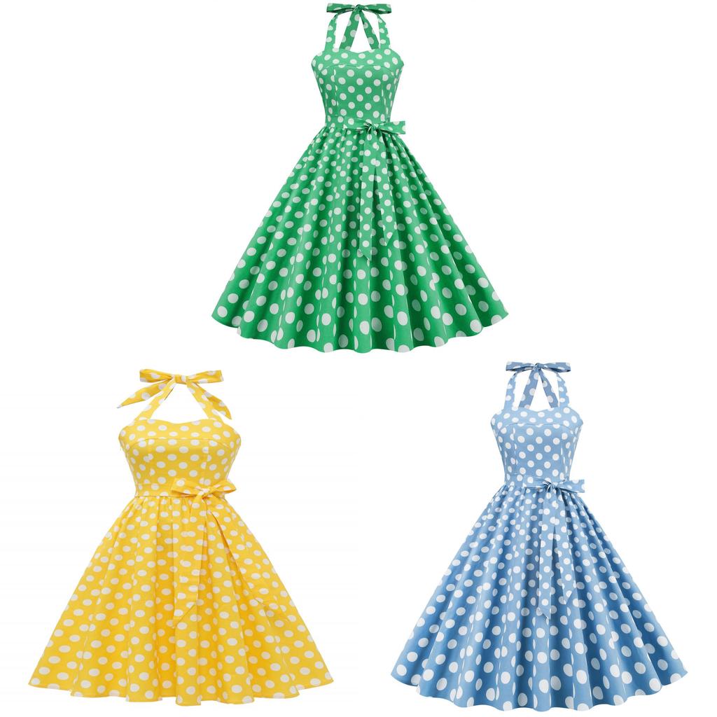 Vintage Polka Dot Cotton Dress With Tie Back And Offshoulder Design For Women