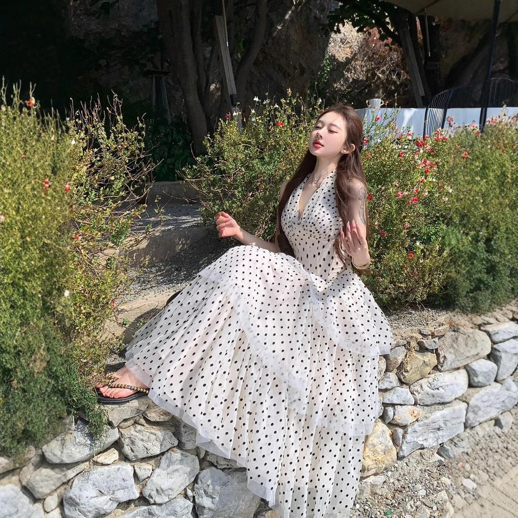 Atmosphere Stunning Summer Dress Super Fairy Beautiful Girl Hepburn Style Neck Point Hanging Neck High Waist Long Skirt