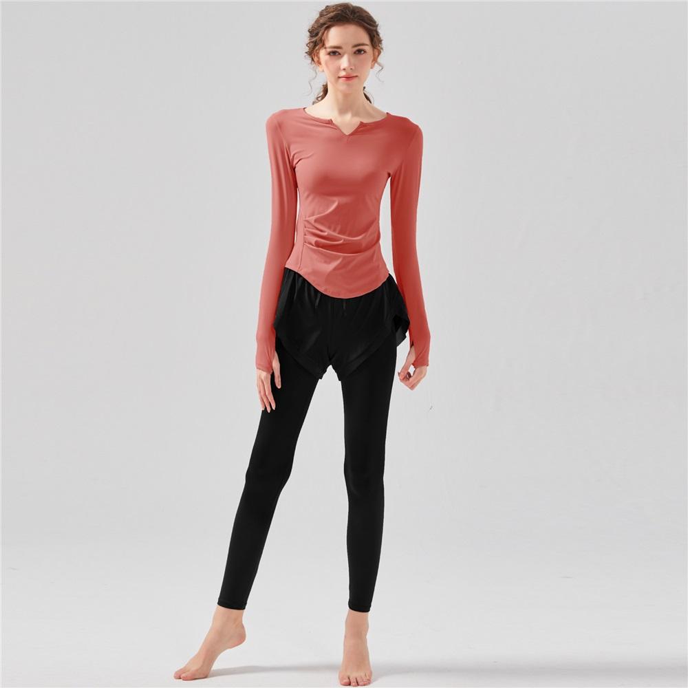 New Style Sports Suit, Casual Running Fitness Sports Tight Pants, Nude Quick-dry Fake Two-piece Long-sleeved Suit For Women