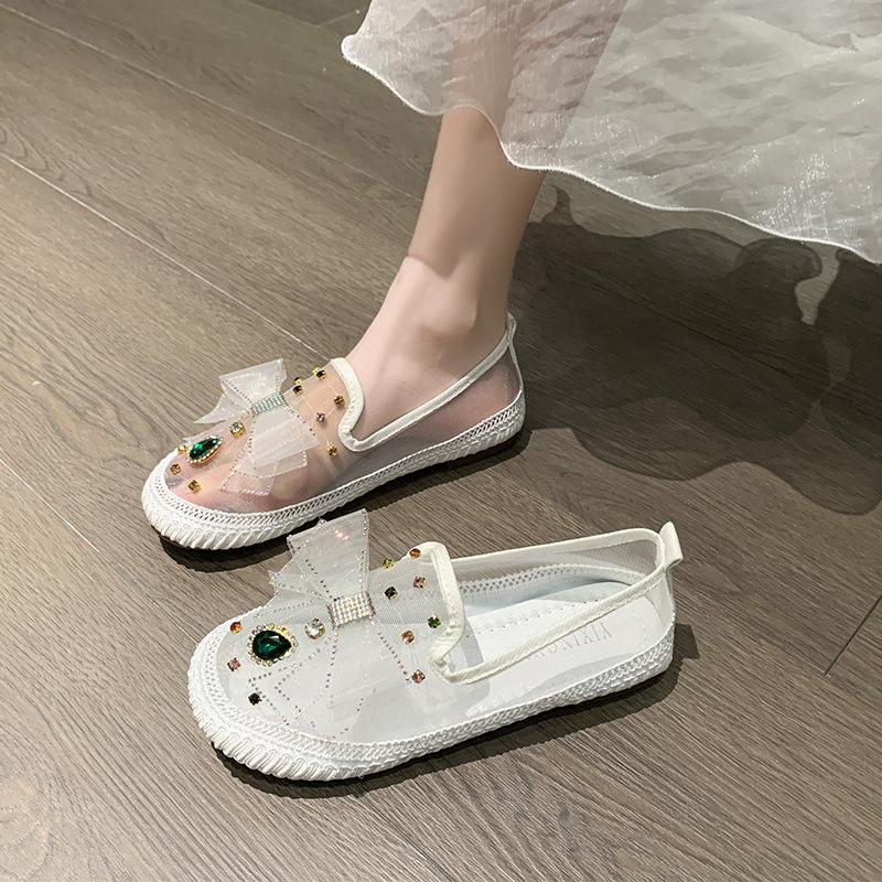Fisherman Shoes Women's 2024 Spring and Summer Rhinestone Mesh Casual Women's Shoes Bow Loafers Comfortable Soft-soled Bag Head Slippers