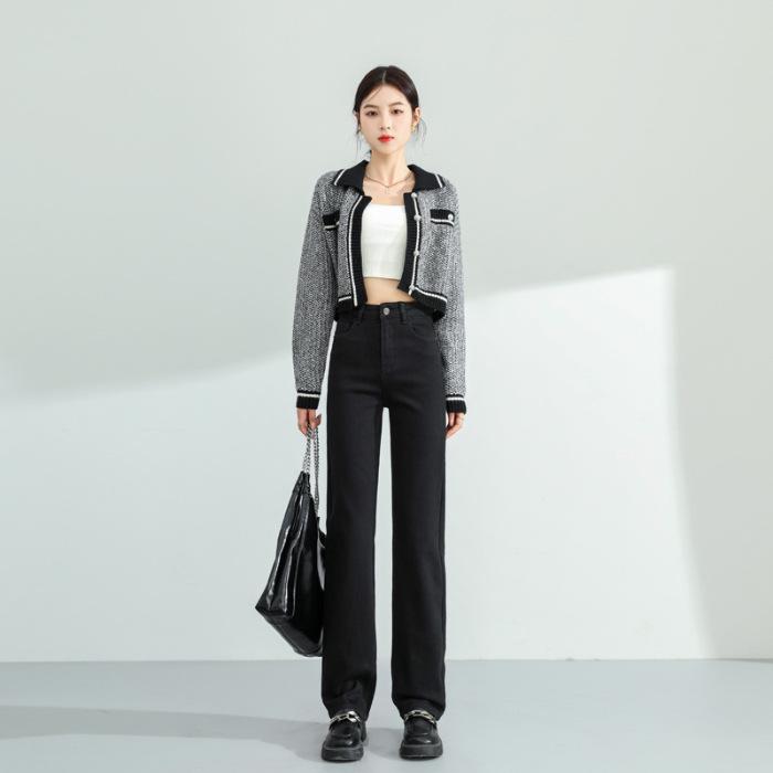 

Women s Velvet-Enhanced High Waist Slimming Jeans - Soft, Elastic, Narrow Straight Leg for Autumn/Winter Black Full Length