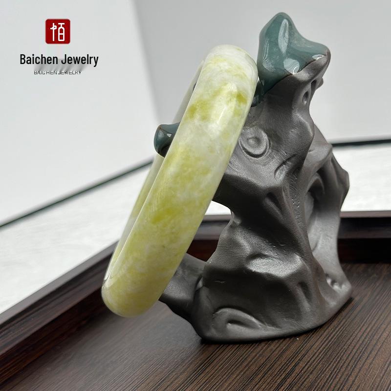 Lantian Jade Flat Bar Bangle for Women – Cauliflower Jade Floating Flower Design, Ideal for Live Streams and Sales Meetings