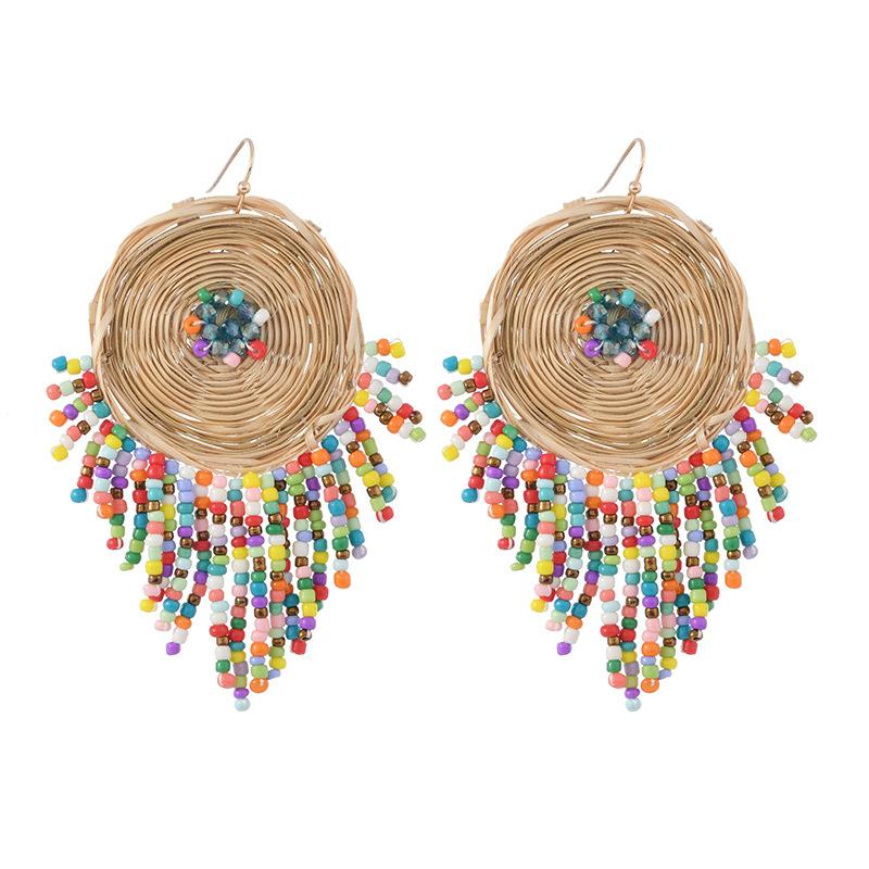 Original design bohemian earrings handmade rattan long tassel women's retro niche vacation earrings