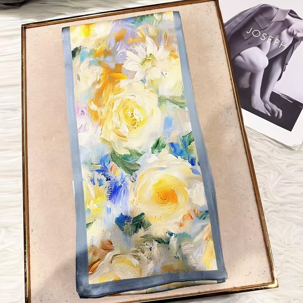 Bysifa|New Blue Yellow Long 100% Mulberry Silk Scarf Headband Spring Summer Fashion Floral Silk Ribbons Scarves Floulard Printed