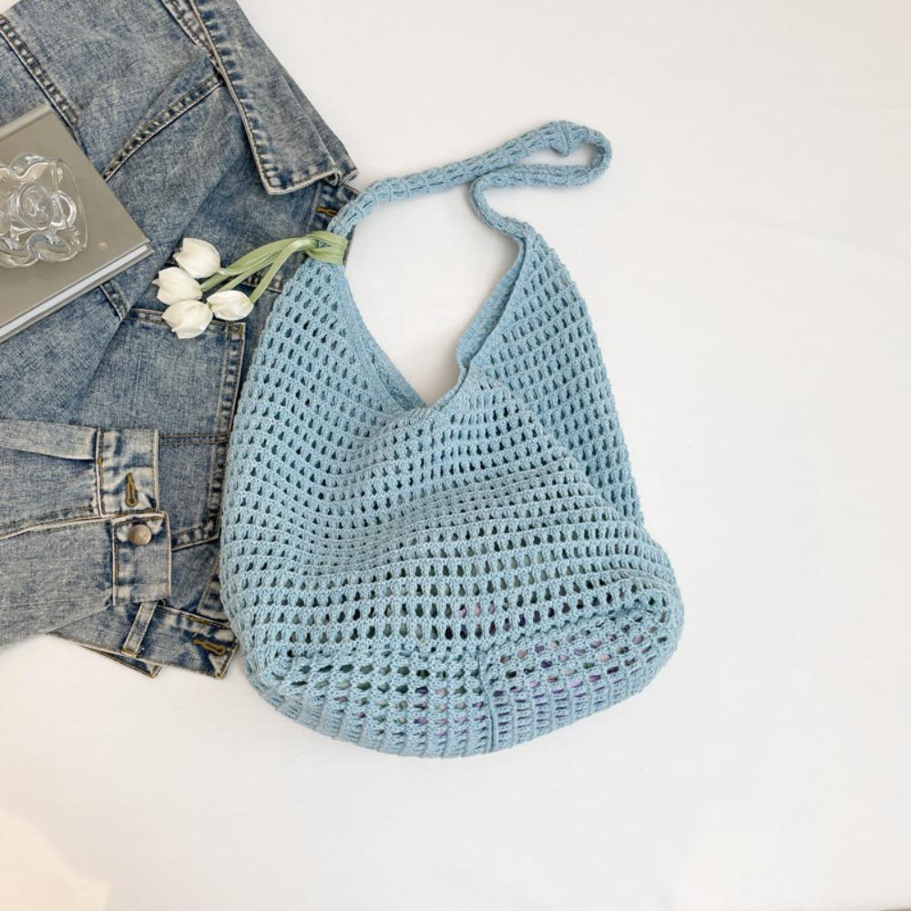

Сладкая вязаная крючком наплечная сумка с подвеской-тюльпаном, плетеная сумка-тоут, новая пляжная ажурная сумка, для путешествий синий