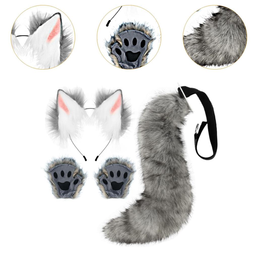 Faux Ears and Tail Set Ear Headband Costume Cosplay Animals Ears and Tail for Mardi Gras Kids Adults Stage Shows Carnival Easter