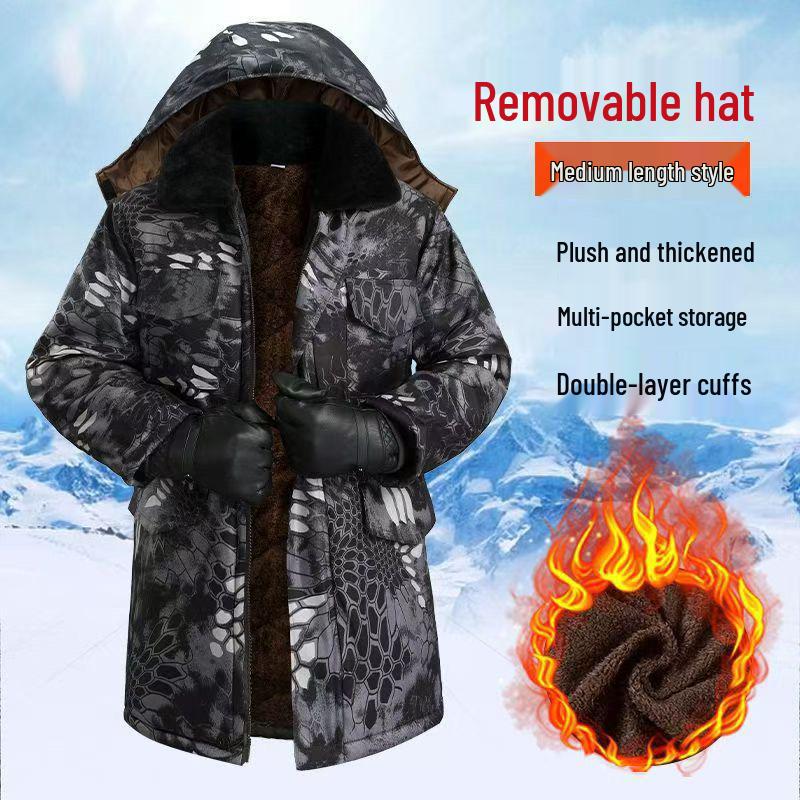 Men's Mid-Length Fleece-Lined Camouflage Overcoat - Windproof, Cold-Resistant, Waterproof, Cotton-Padded for Winter and Labor Protection.