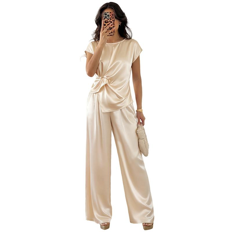 Completi da Donna a 2 Pezzi Top Satinato a Maniche Corte e Pantaloni a Gamba Larga Set Abiti Eleganti da Festa Primavera Estate per Donne