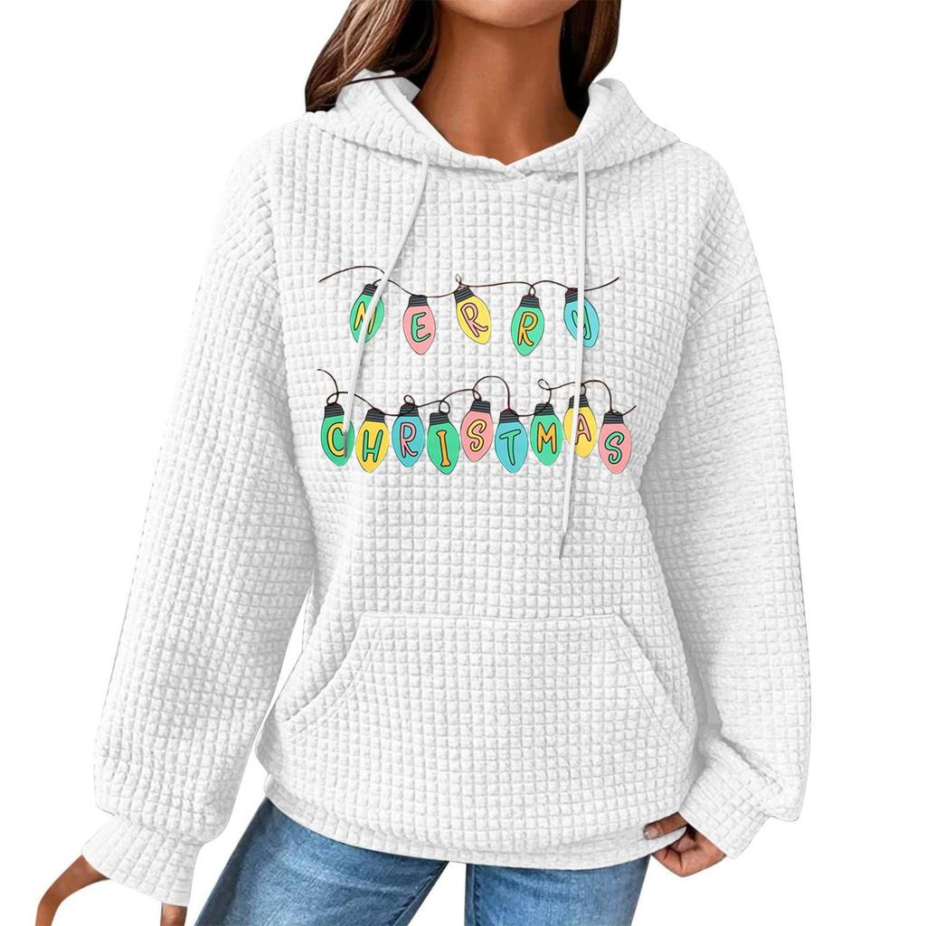 Women's Fashion Loose Hooded Pullover Long Sleeve Plaid Sweatshirt With Drawstring, Drop Shoulder, Pocket, Christmas Print Top