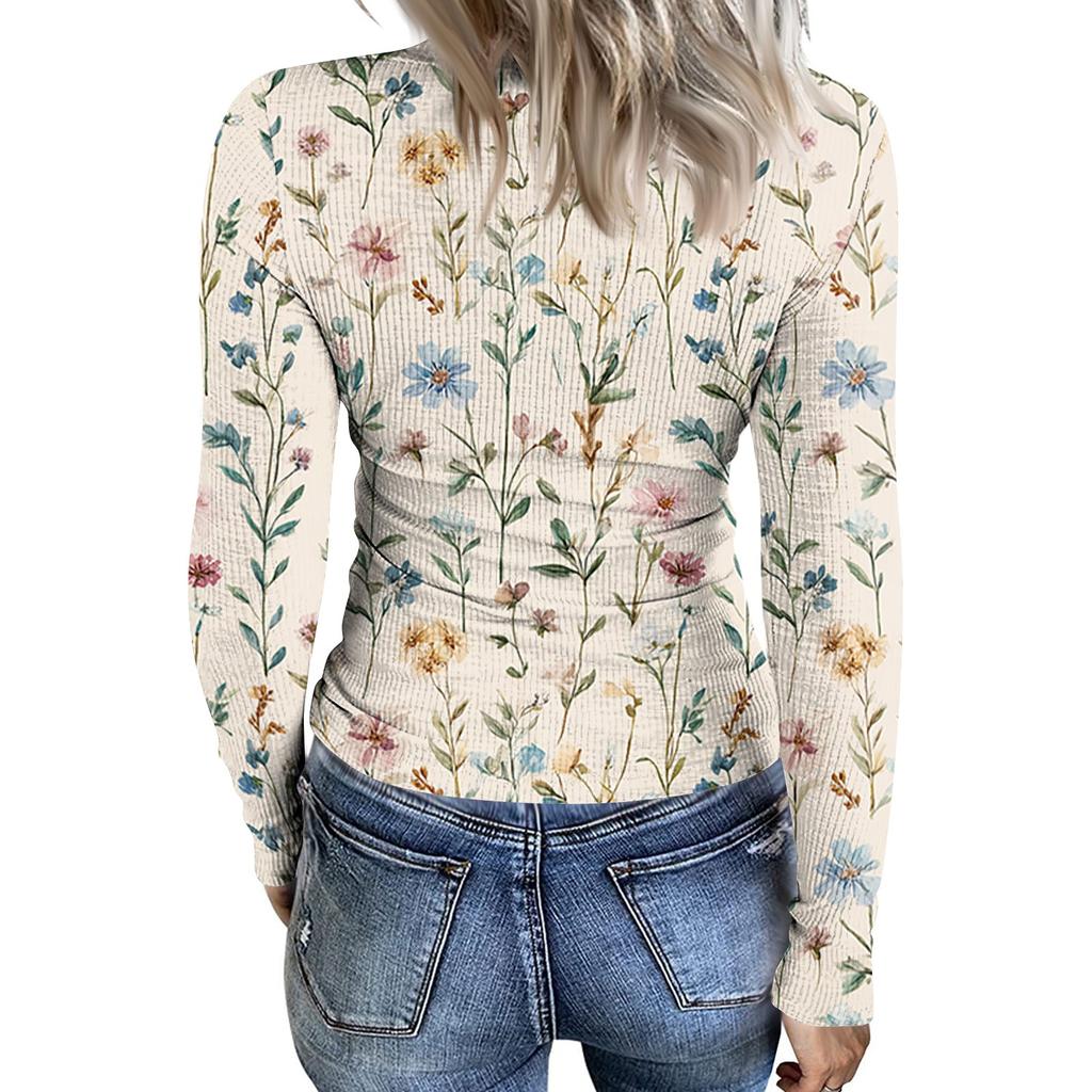 Women Casual Crew Neck Long Sleeve Ribbed Top with All Over Floral Print Lightweight Pullover Blouse for Daily Wear