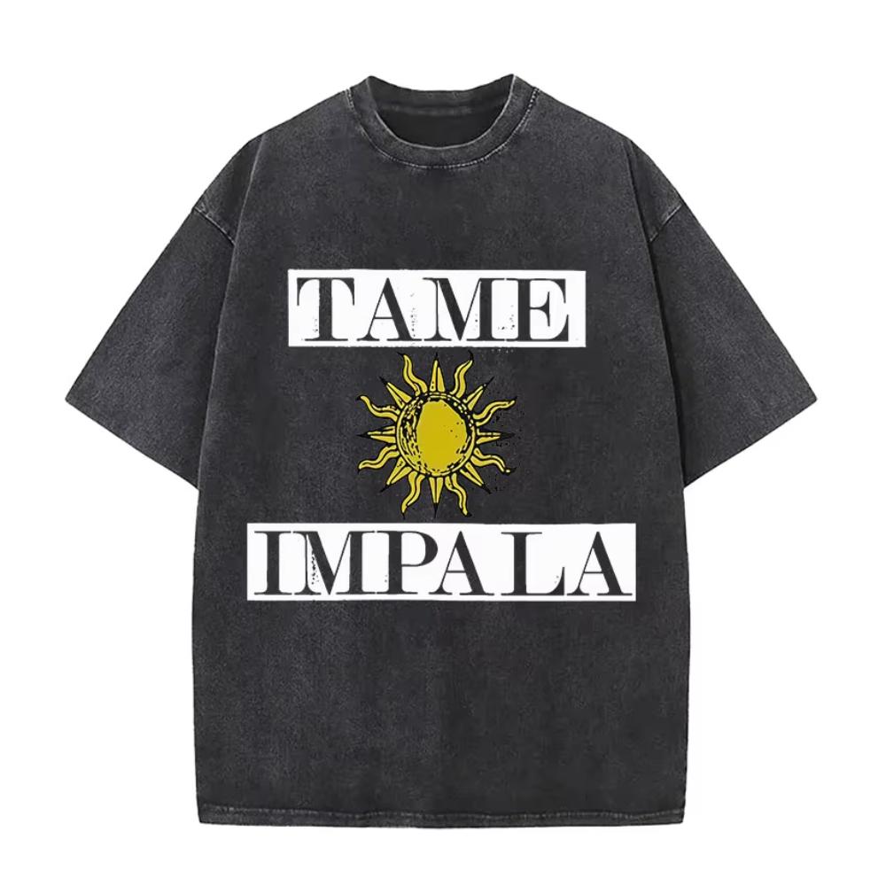 Tame Impala Tour Album Vintage Washed Tshirt Mens Hip Hop Gothic Tshirts Casual Oversized Short Sleeve T Shirt Streetwear