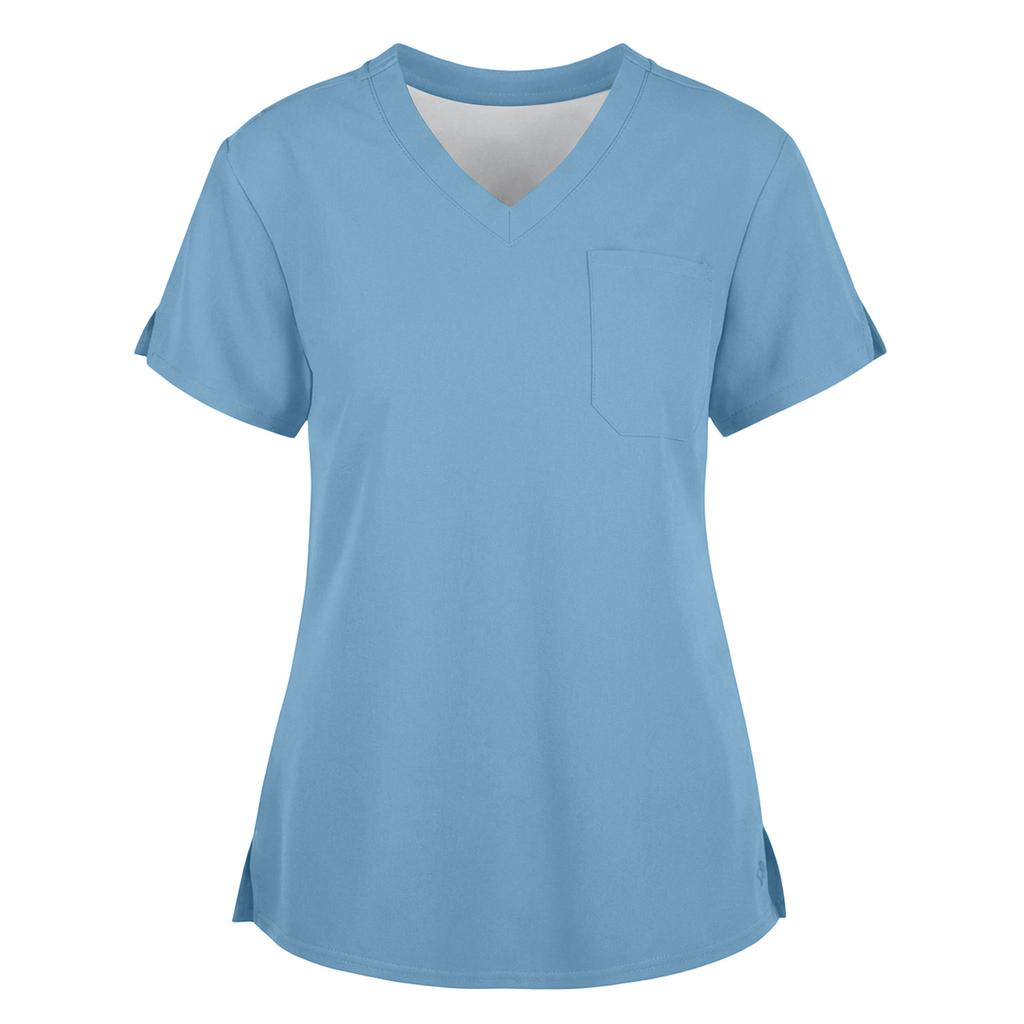 Women's Fashionable Loose-Fit Short-Sleeve V-Neck Workwear Blouse With Slit And Pockets