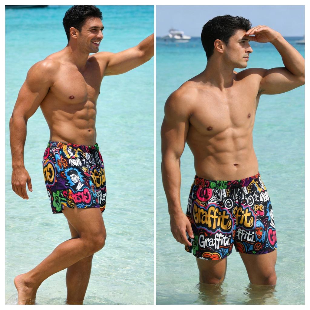 Men'S Beach Pants Printed Anti-Splashing Fabric Breathable Quick-Drying Straight Beach Pants Men