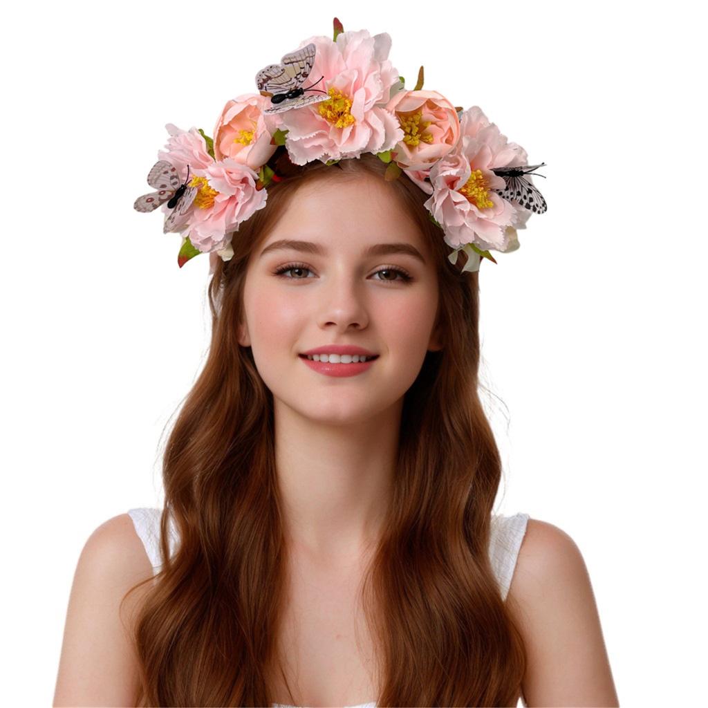 Fabric Flower Headband for Music Festival with Butterfly Decors Music Festival Accessory Hairhoop Wedding Bride Headwear