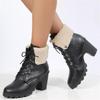 Winter British style round head thick heel large size high heel knight boots women's lace-up fluffy flanged short leather boots