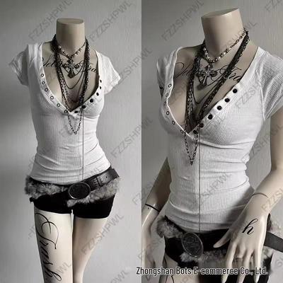 European-American Punk Rivet V-Neck Slim Short-Sleeve Sexy T-Shirt