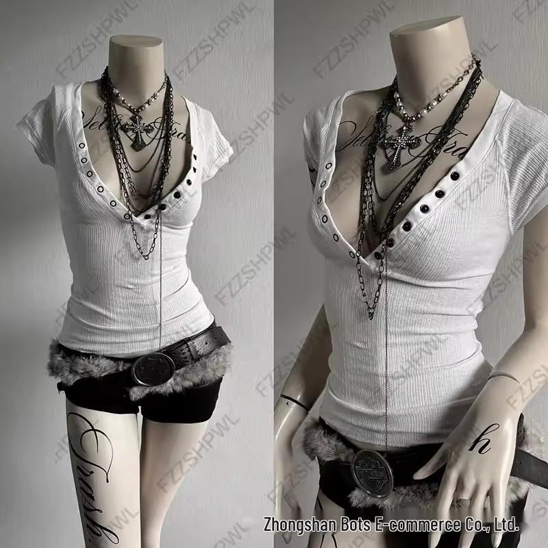 European-American Punk Rivet V-Neck Slim Short-Sleeve Sexy T-Shirt