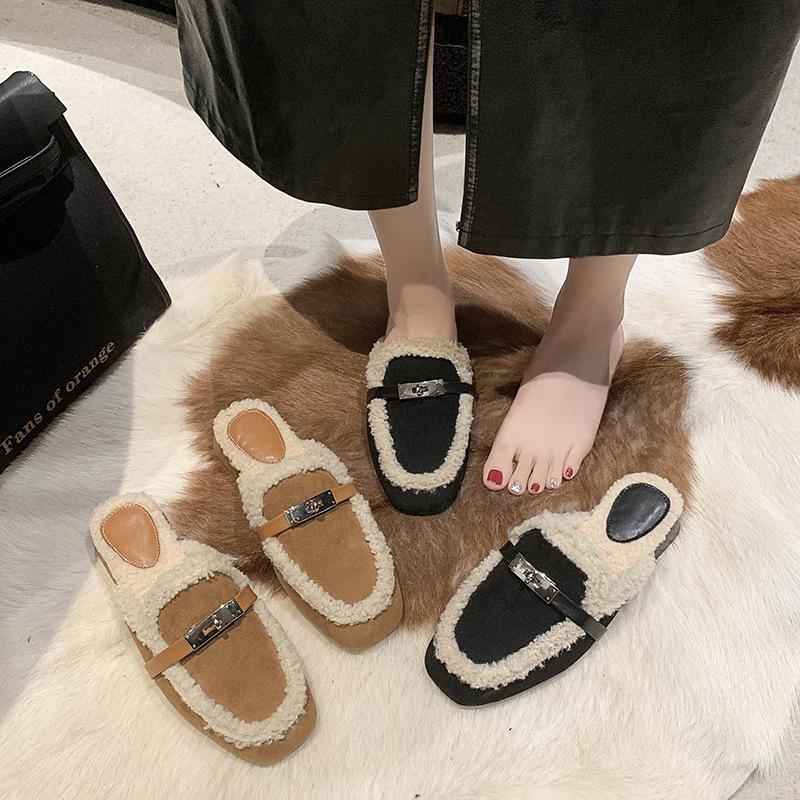 Mao Mao Slippers Women Wear Small Fragrant Wind Flat Bottom Autumn and Winter New Cotton Slippers Lazy Muller Half Tray Bag Head Half Drag