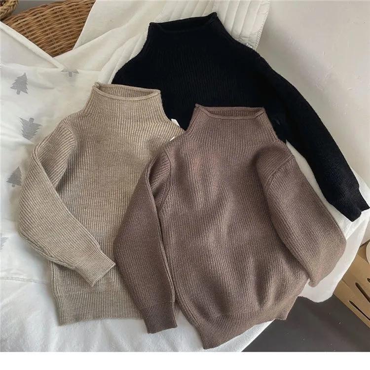 Children's Autumn/Winter Solid-Color Crewneck Knit Sweater Solid-Color Minimalist Long-Sleeve Pullover Top