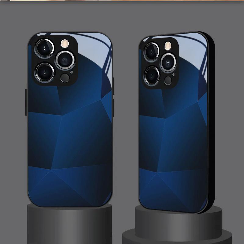Dark Blue Geometric Mosaic Pattern TPU Glass Phone Case, Suitable for iPhone 17, 16, 15, 14, 13, 12, 11, Etc.
