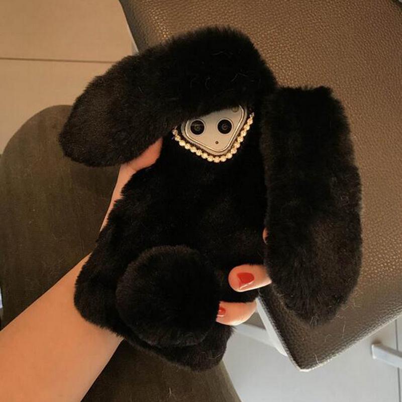 Plush Rabbit Hair Ball Round Tail Ears Lovely Cute Shockproof Phone Case for Apple Iphone 16 15 14 13 12 11 Pro Max X XR XS Max 6 6s 7 8 Plus Cover