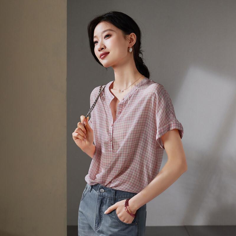 SOFSIL Women's Silk Plaid Print Short-Sleeve Blouse