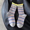 Color-blocking Striped Mid-calf Socks, Autumn Trend, Letter-label, Double-seam, Rolled-up, Pile Socks, Boneless