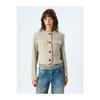 Stamp Crop Jacket Round Collar Buttoned Pocket Soft Textured