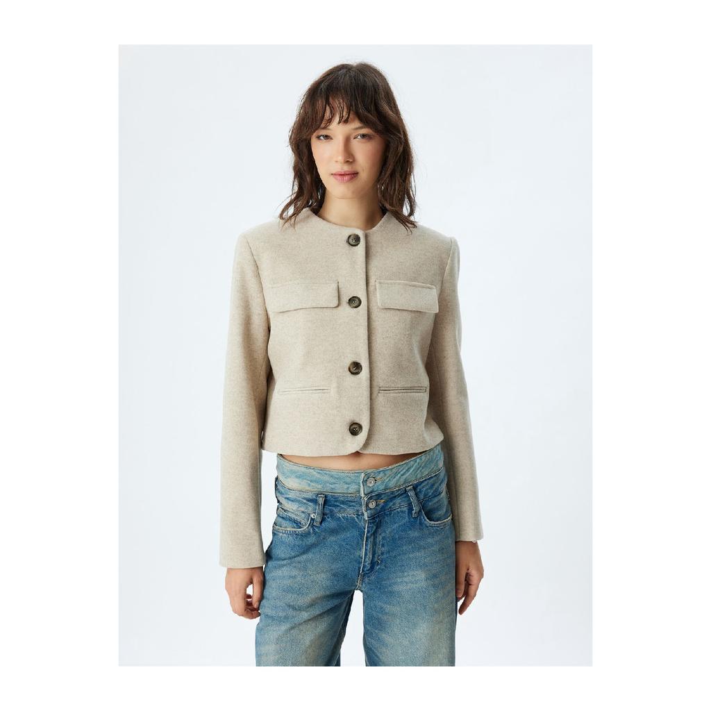 Stamp Crop Jacket Round Collar Buttoned Pocket Soft Textured