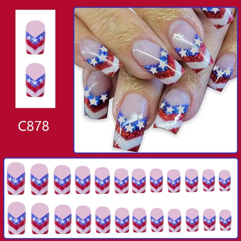 Independence Day Press on Nail French Tips Fake Nail 4th of July Patriotic False Nail Full Cover Design Acrylic Nail