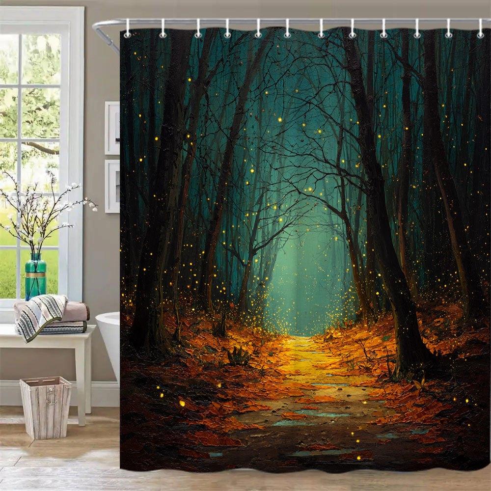 

1Pc Magical Night Forest Bathroom Curtain - Enchanted Woodland Shower Curtain With Glowing Firefly Path, Teal Mist, W60H190(CM)-1 Pcs