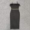 "European & American Women's Sexy Celebrity Feather Slit Bandage Midi Dress with Diamonds"