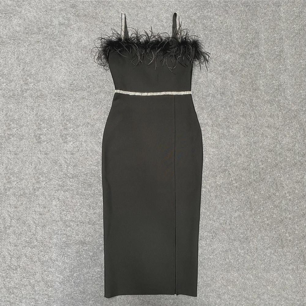 "European & American Women's Sexy Celebrity Feather Slit Bandage Midi Dress with Diamonds"