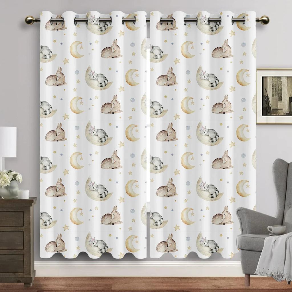 Zwierzęta kreskówkowe zasłona okienna salon akwarela króliczek niedźwiedź zasłony z oczkami nadruk księżyca nowe zasłony do pokoju dziecięcego wysokie cieniowanie