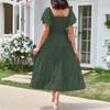 Women's Fashion Solid Colour Square Neck Backless Bubble Sleeve Pleated Short Sleeve Dresses