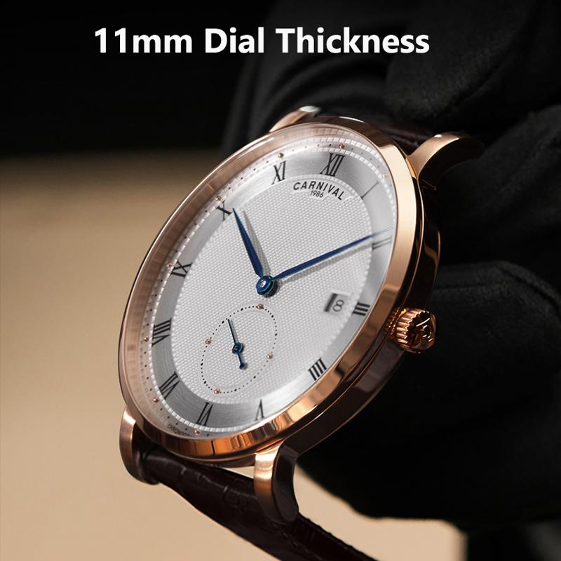 CARNIVAL Designer Luxury Rose Gold Automatic Movement Mechanical Clock High Quality Waterproof Leather Men's Watches