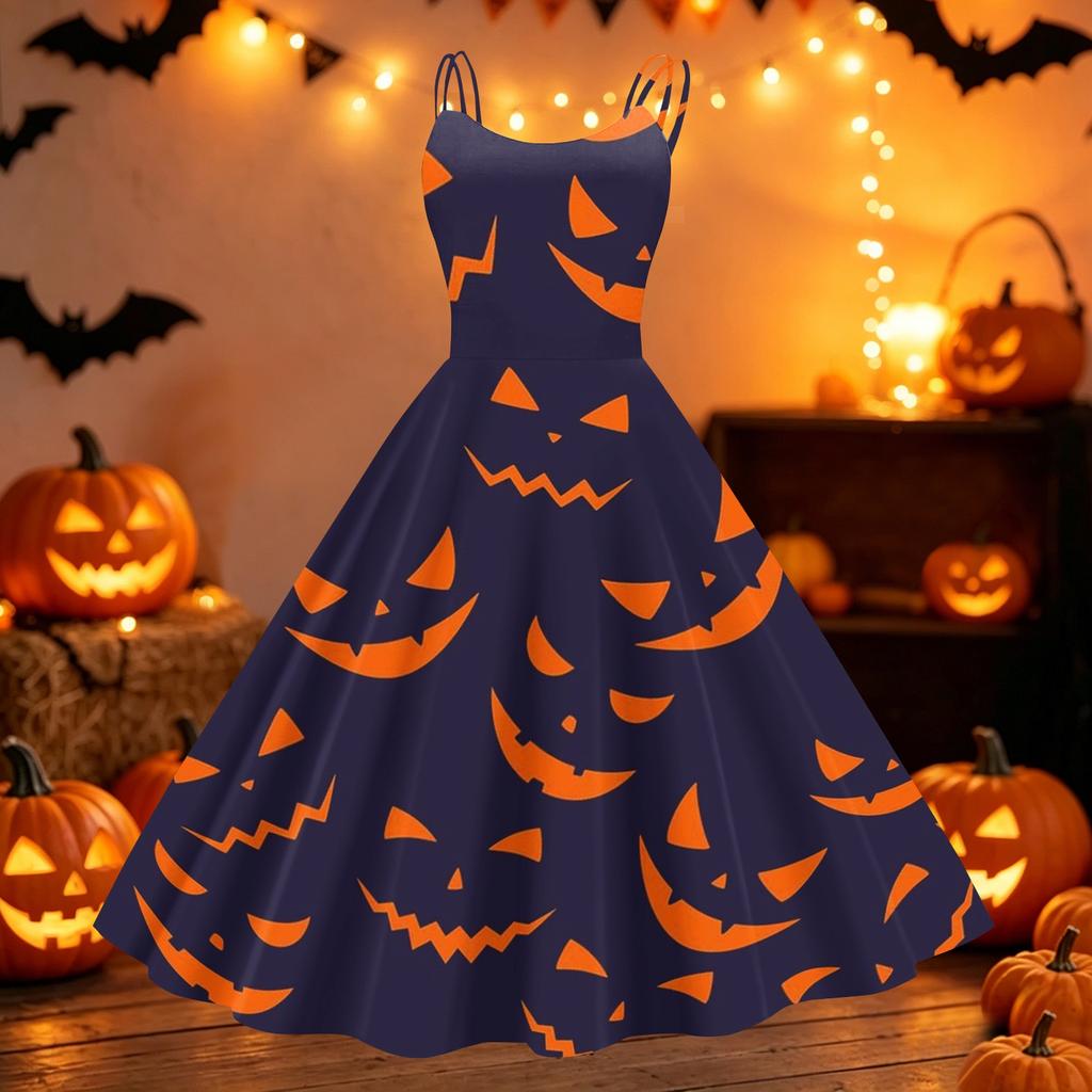 Women Halloween Printed Off Shoulder Punk Vintage Dress Sleeveless Spaghetti Strap A-Line Midi Dress