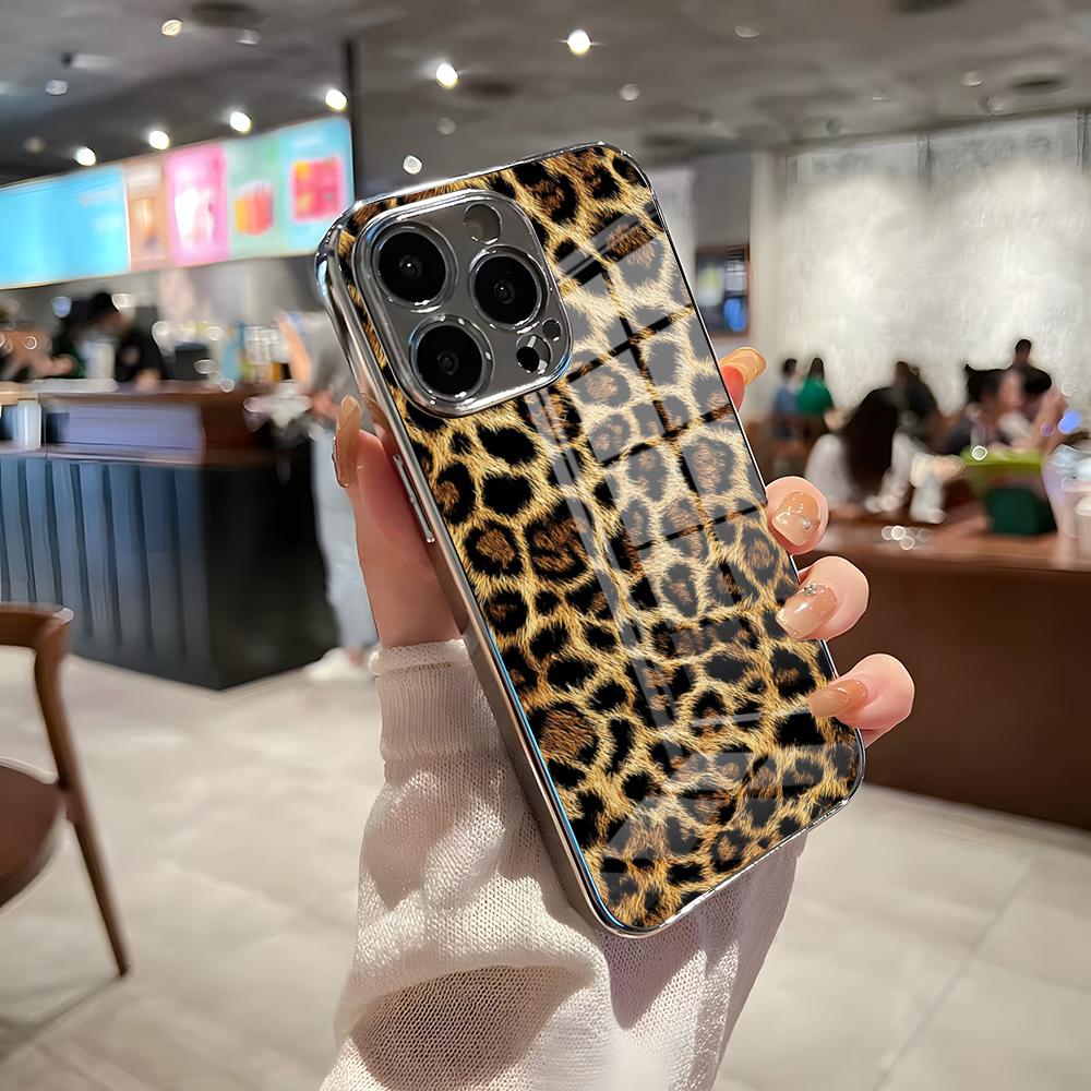 Luxurious Leopard Print Phone Case For IPhone 17 Pro Max 15 Pro 16 14 Plus 12 13 Mini 11 Pro Shockproof Electroplated Glass Cov