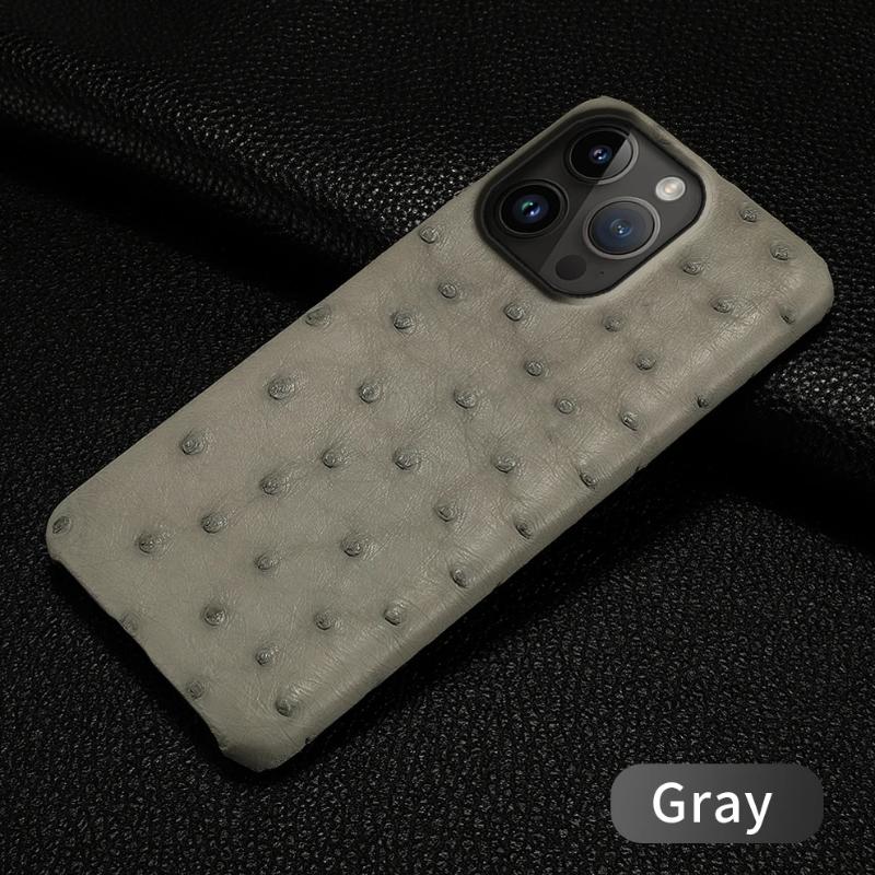 100% Natürliche Straußenleder Handyhülle für iPhone 17 Air 16 15 12 11 13 14 Pro Max 16 Plus 17Pro 16Pro Luxus Rückabdeckung For iPhone 17&Genuine Leather grau