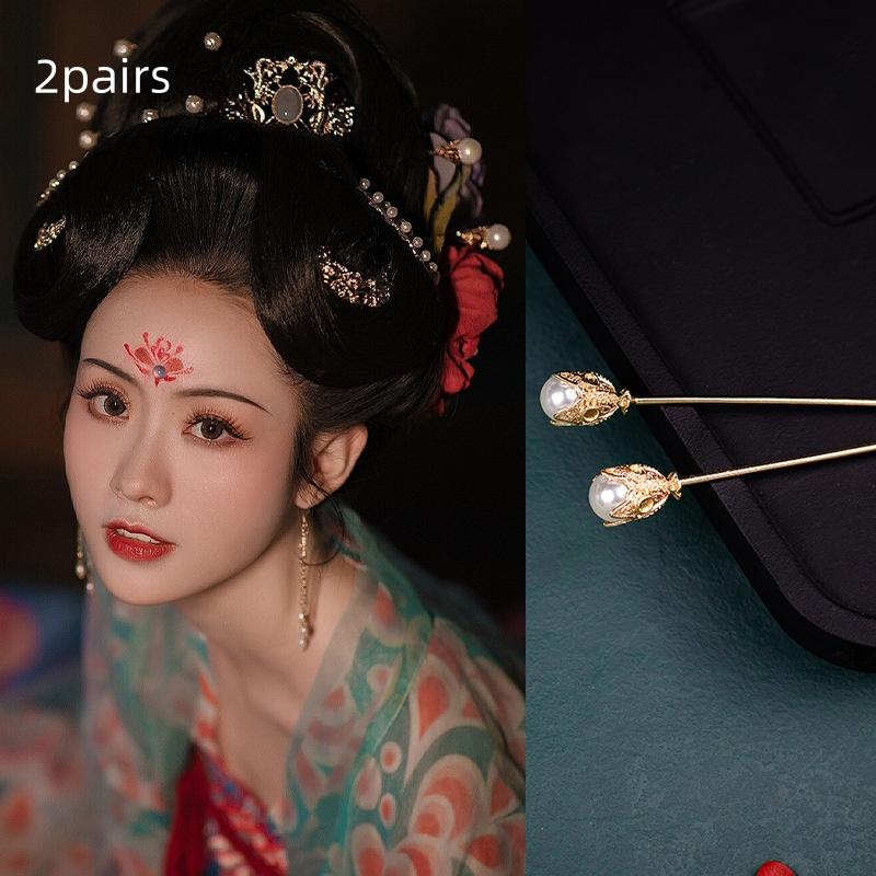 

2 пары Древняя китайская заколка для волос Жемчуг Классическая заколка для волос династии Тан Кисточка Элегантный цветок Гребень для волос