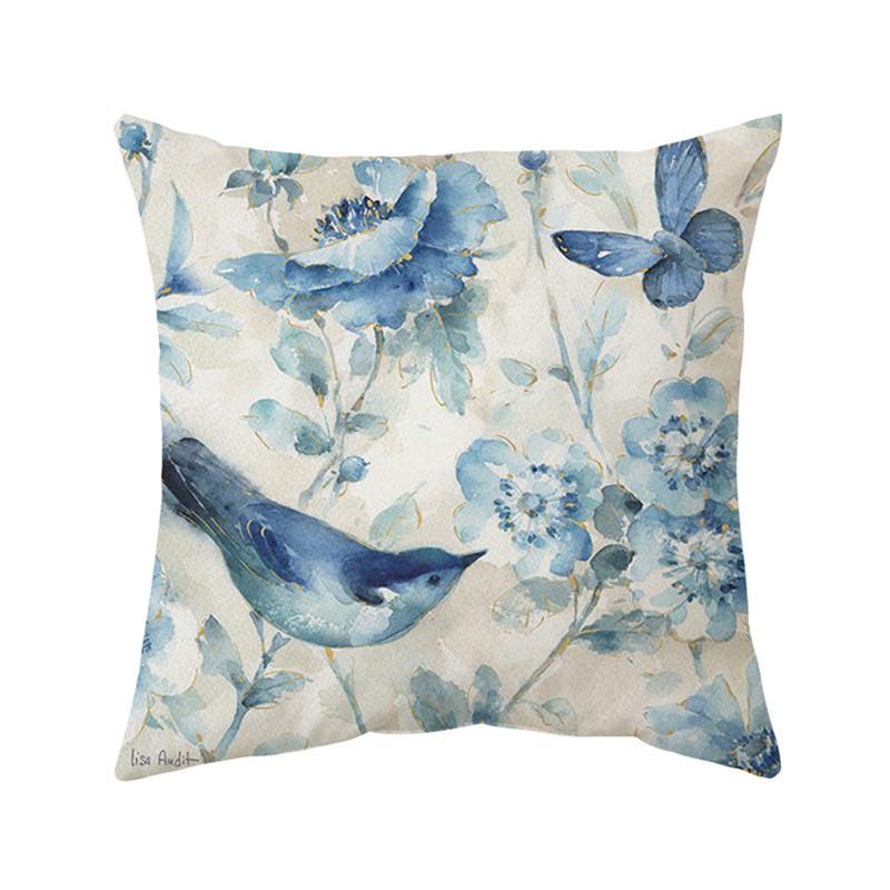 Blue flower and bird printed polyester square cushion cover for home living room sofa office decoration waist cushion pillowcase