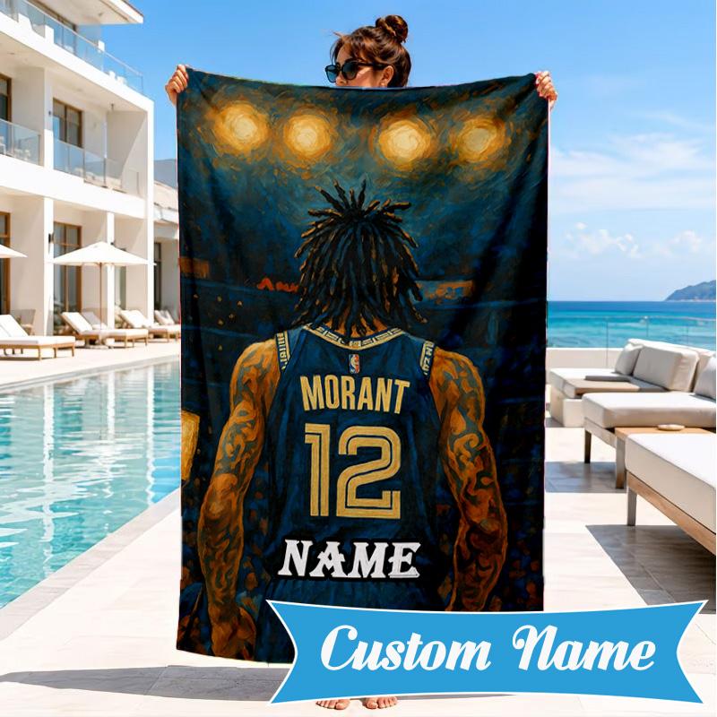 Custom Name Basketball Player Morant Beach Towel Microfiber Beach Towel, Lightweight and Quick-Dry, for Summer Travel, Swimming Pool Gift