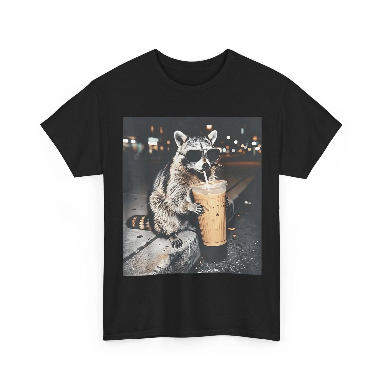 Raccoon Drinking Iced Coffee Shirt, Raccoon Animals Memes Lovers Funny Shirt L