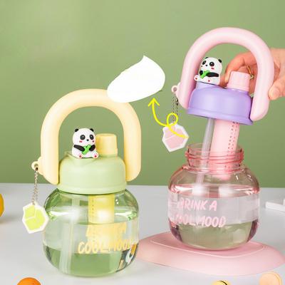 Cute Cartoon Panda 800ml Large Capacity Plastic Water Bottle With Handle Portable Straight Drink Cup For Children School Office