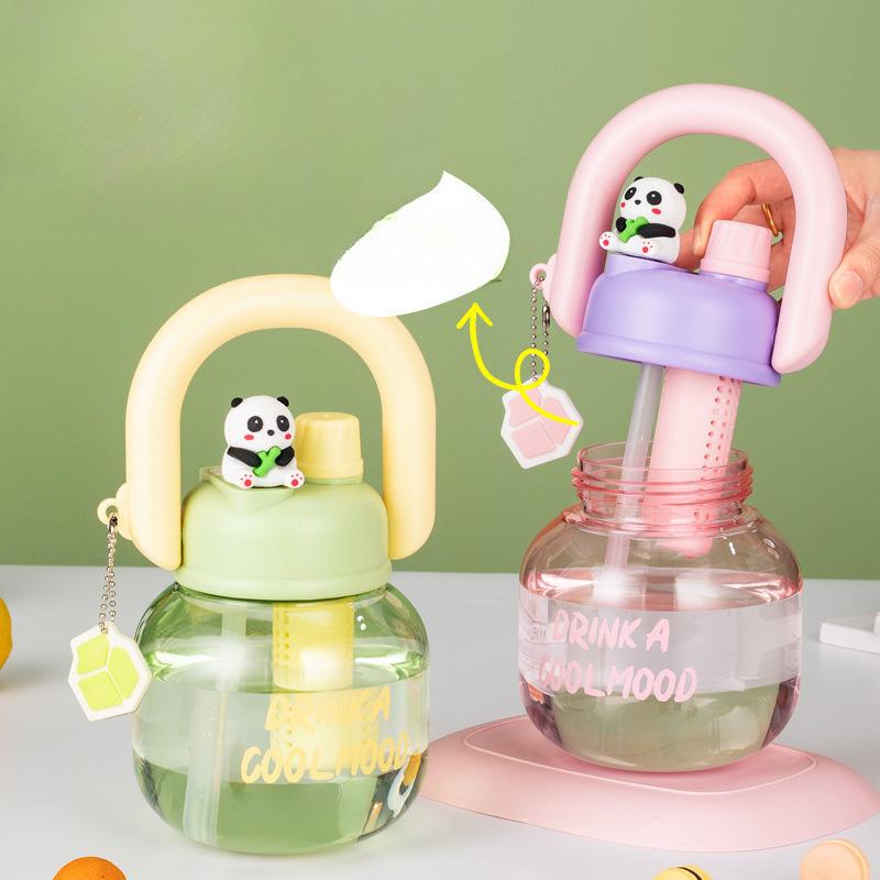 Cute Cartoon Panda 800ml Large Capacity Plastic Water Bottle With Handle Portable Straight Drink Cup For Children School Office