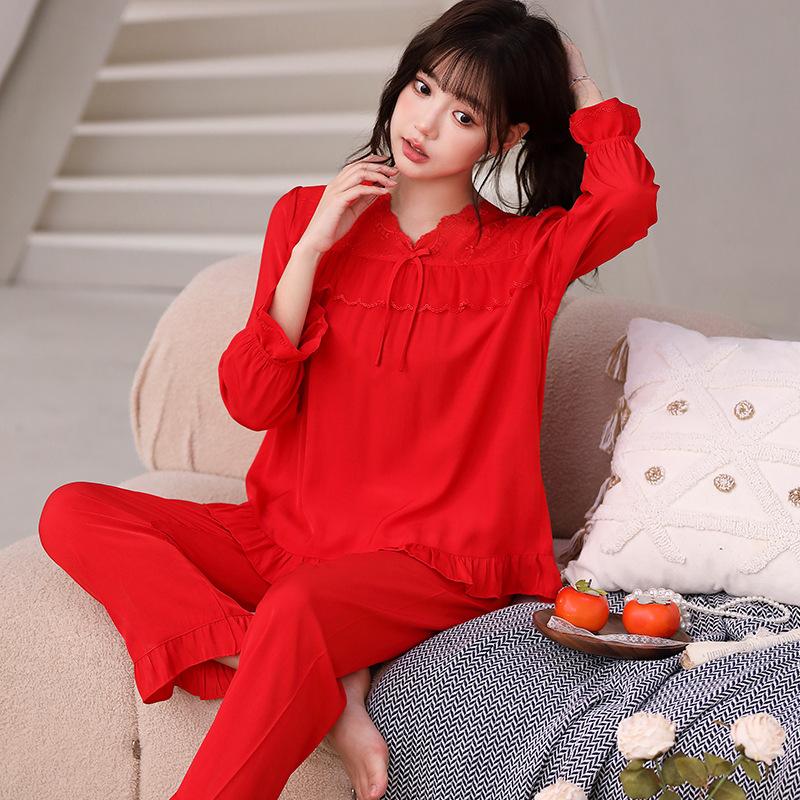 Tencel cotton pajamas women's comfortable lace loungewear nine-quarter sleeve trousers women's pullover set spring and summer new models