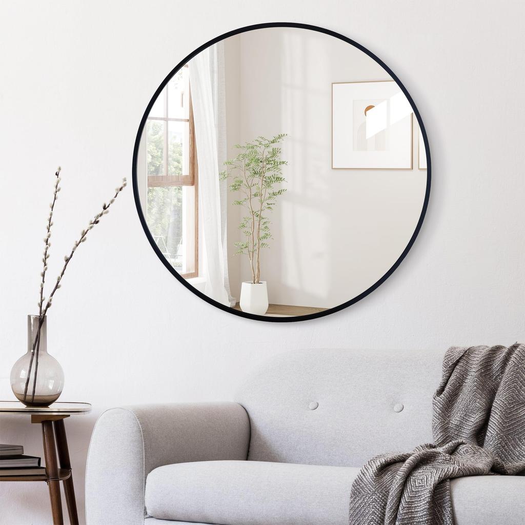 Round Wall Mirror, Bathroom Mirror, Aluminum Frame, Vanity Mirror, Entryway, Bathroom, Toilet (Black, 40cm Diameter)